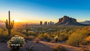 "Panoramic sunrise over Phoenix with Camelback Mountain, saguaro cacti, city skyline, blooming desert flowers, and a temperature gauge showing 75°F/24°C"