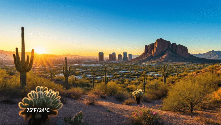 "Panoramic sunrise over Phoenix with Camelback Mountain, saguaro cacti, city skyline, blooming desert flowers, and a temperature gauge showing 75°F/24°C"