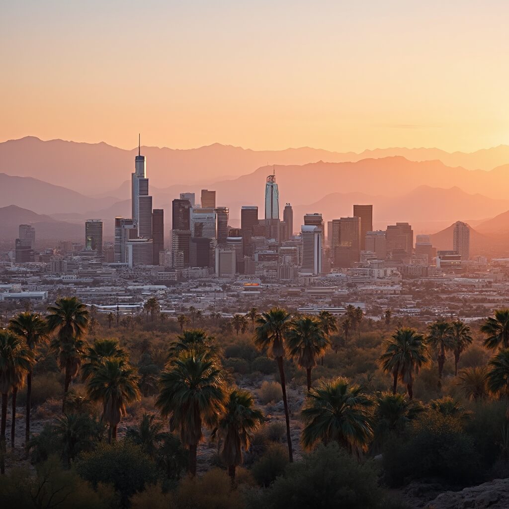 Phoenix cityscape at sunset with modern buildings, desert mountains, orange sky, and palm trees
