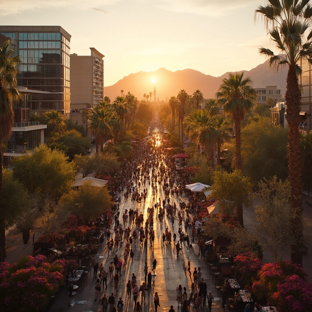 Downtown Phoenix aerial view at sunset with blooming desert flowers, crowded restaurant patios, Camelback Mountain silhouette, modern glass buildings reflecting light and streets with festival activity.