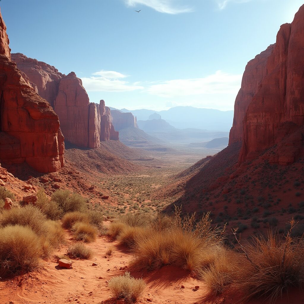 Las Vegas in May: Your Ultimate Guide to Desert Thrills and Scorching Entertainment Dramatic Red Rock Canyon landscape in midday sun highlighting terracotta and rust colored rock formations with sparse desert vegetation, clear sky and no human presence