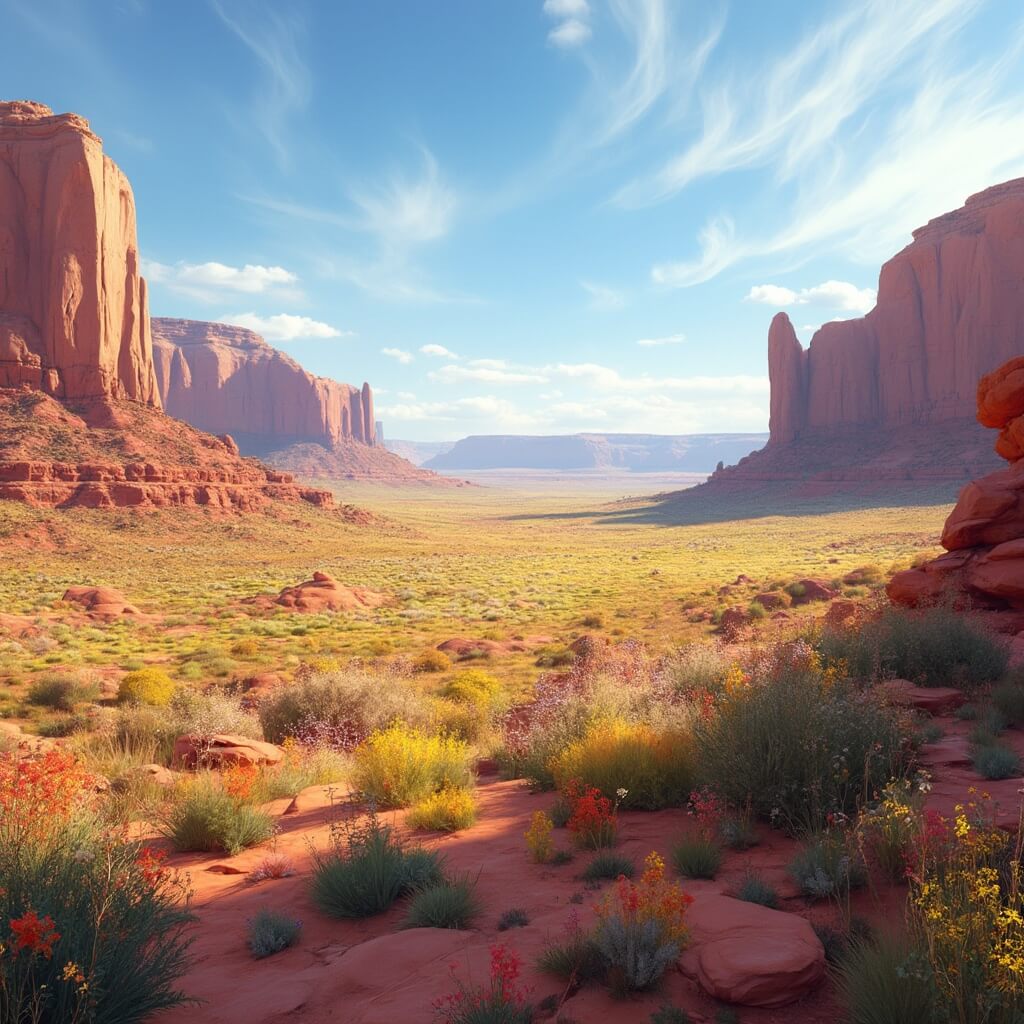 Springtime panoramic view of Red Rock Canyon with vibrant wildflowers, dramatic rock formations, and a clear blue sky with wispy clouds