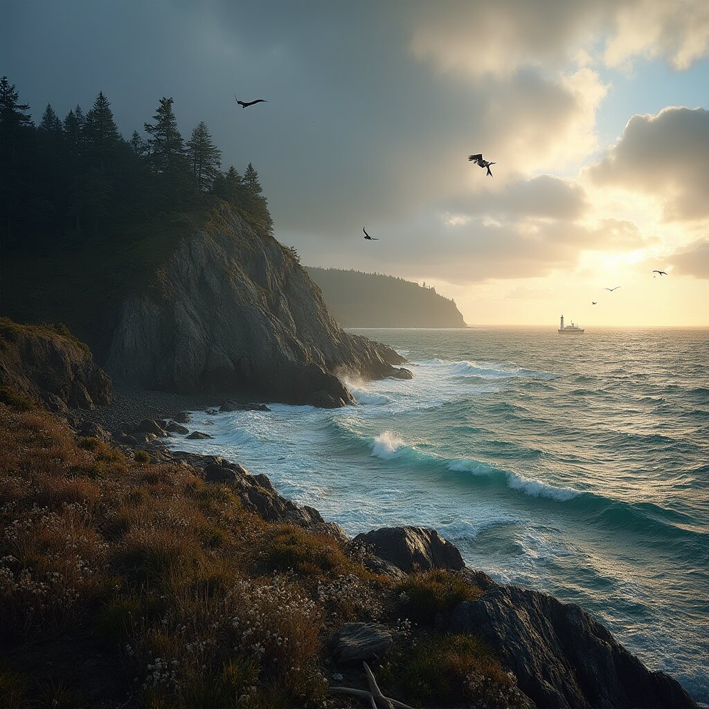 Golden hour view of San Juan Islands with rugged cliffs, Pacific Ocean, breaching orcas, soaring bald eagles, March clouds, rocky shoreline with driftwood, distant lighthouse, deep blue-green waters, and blooming wildflowers