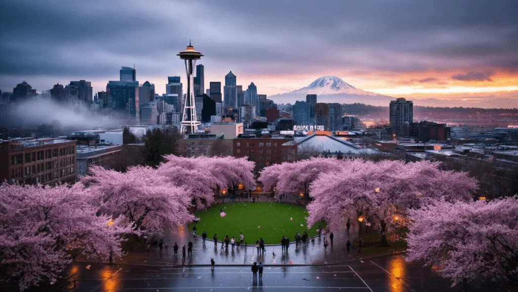 "Aerial view of Seattle skyline featuring the Space Needle and Mount Rainier, with UW Quad's cherry blossoms in full bloom, students and photographers scattered below, and early evening light reflecting off rain-slicked streets."
