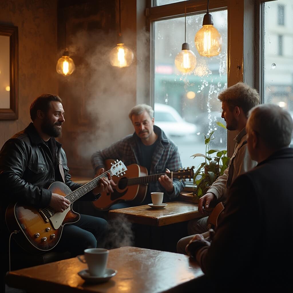 Cozy Seattle coffee shop interior with warm amber lighting, steaming artisan coffee cups on wooden tables, musicians playing acoustic guitar, visitors in weathered leather jackets and flannel shirts, and view of Pike Place Market through a rain-streaked window.