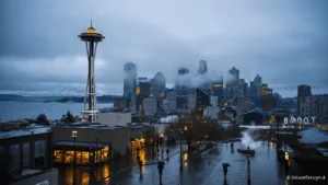 "Misty aerial view of Seattle's skyline with Space Needle emerging through clouds, city lights reflecting on Puget Sound, and Mount Rainier in distance"