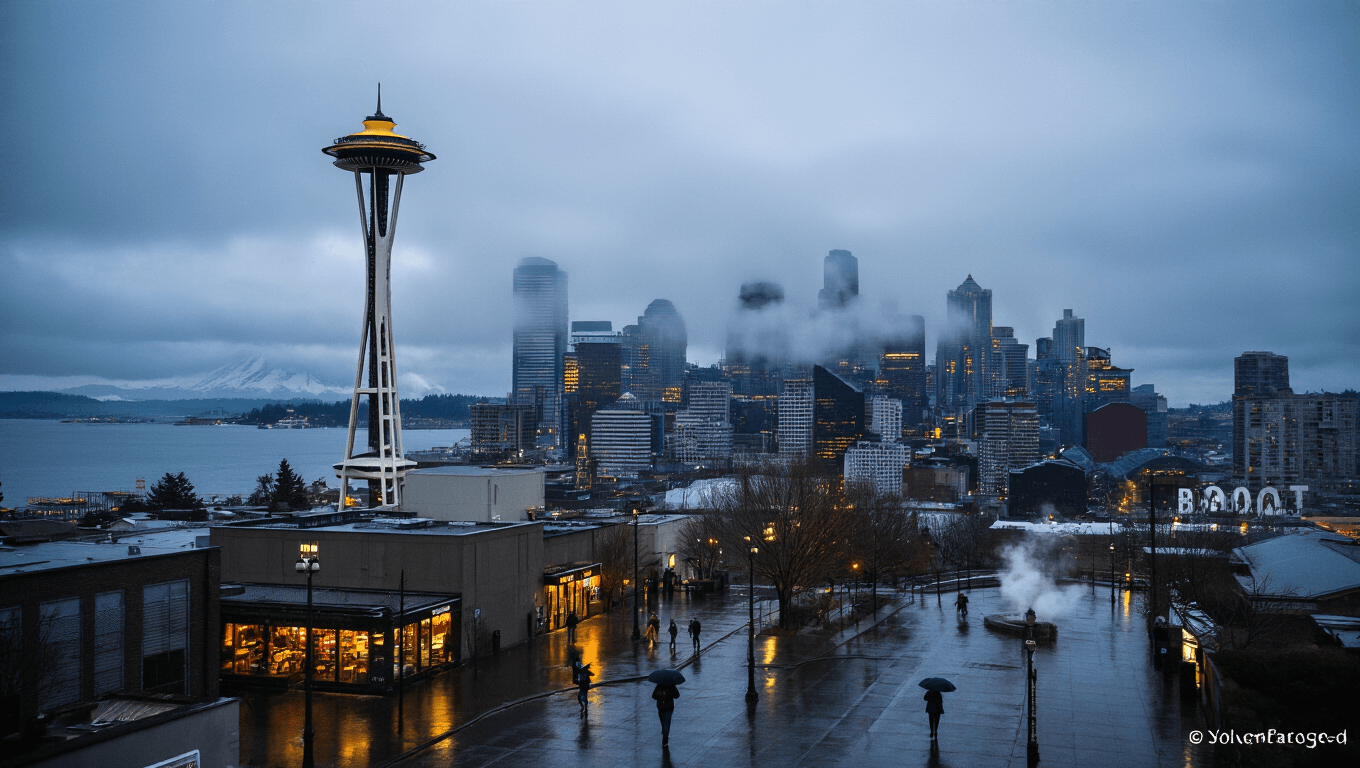 "Misty aerial view of Seattle's skyline with Space Needle emerging through clouds, city lights reflecting on Puget Sound, and Mount Rainier in distance"