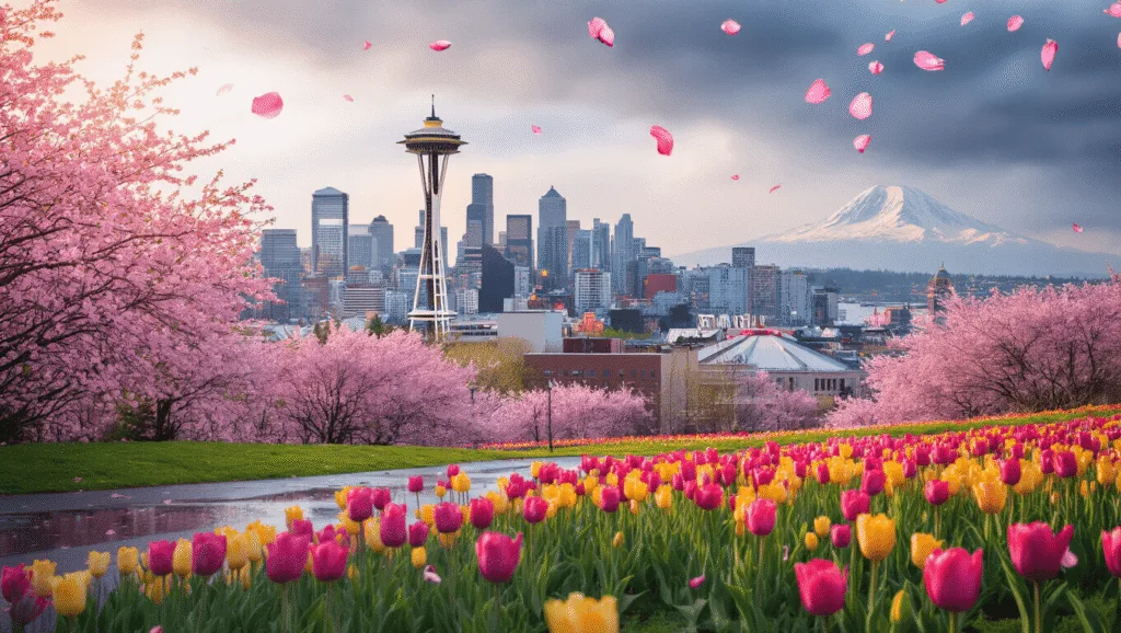 "Panoramic view of Seattle's cityscape during spring with the Space Needle, cherry blossoms, tulip fields, and Mt. Rainier, under a mixed sky of sun and clouds at golden hour."