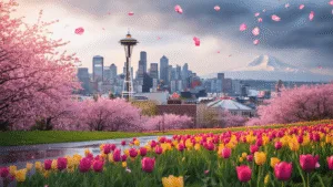 "Panoramic view of Seattle's cityscape during spring with the Space Needle, cherry blossoms, tulip fields, and Mt. Rainier, under a mixed sky of sun and clouds at golden hour."