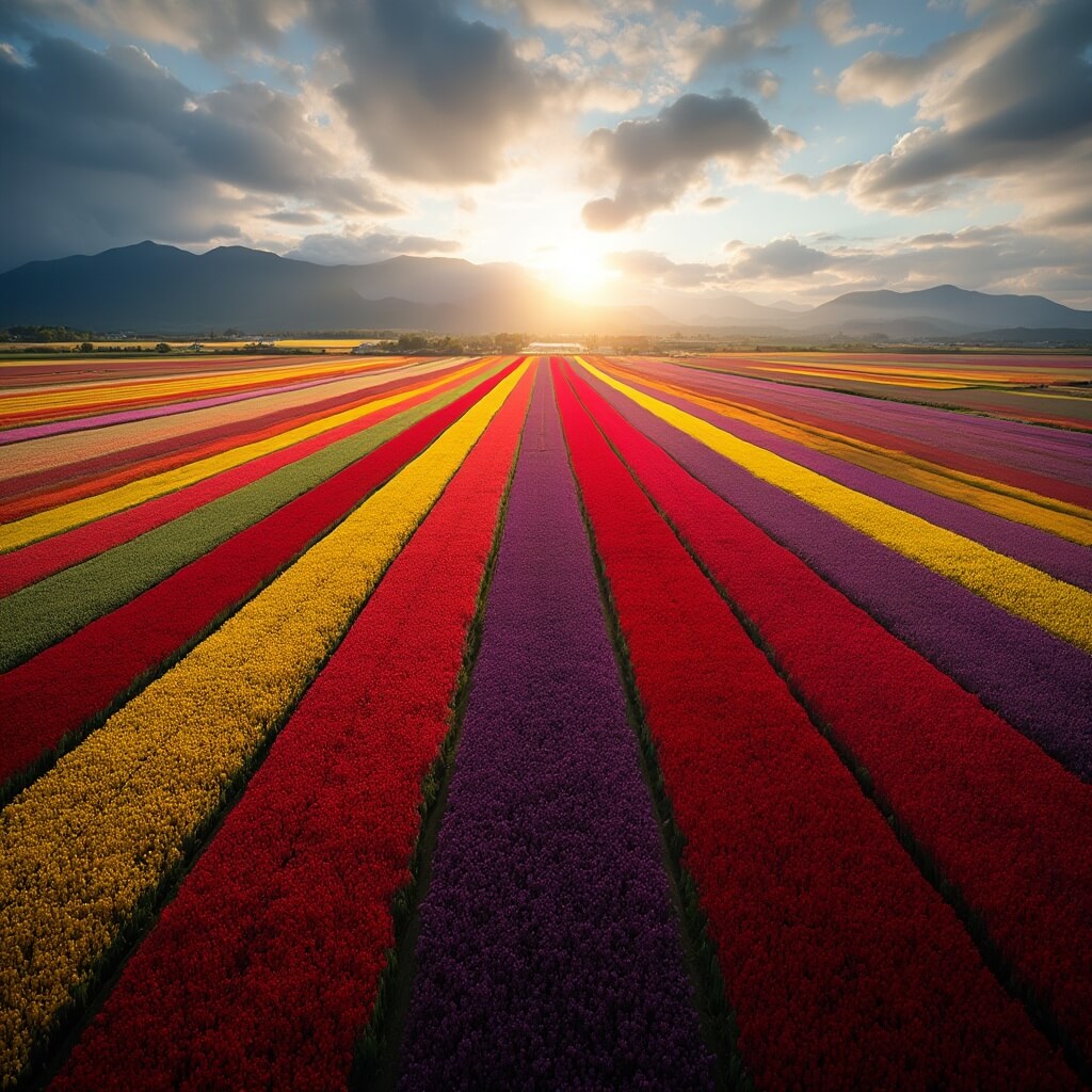 Aerial view of Skagit Valley tulip fields in peak bloom with vibrant stripes of red, yellow, and purple tulips, long shadows cast by afternoon light, and distant view of misty Cascade Mountains in the Pacific Northwest