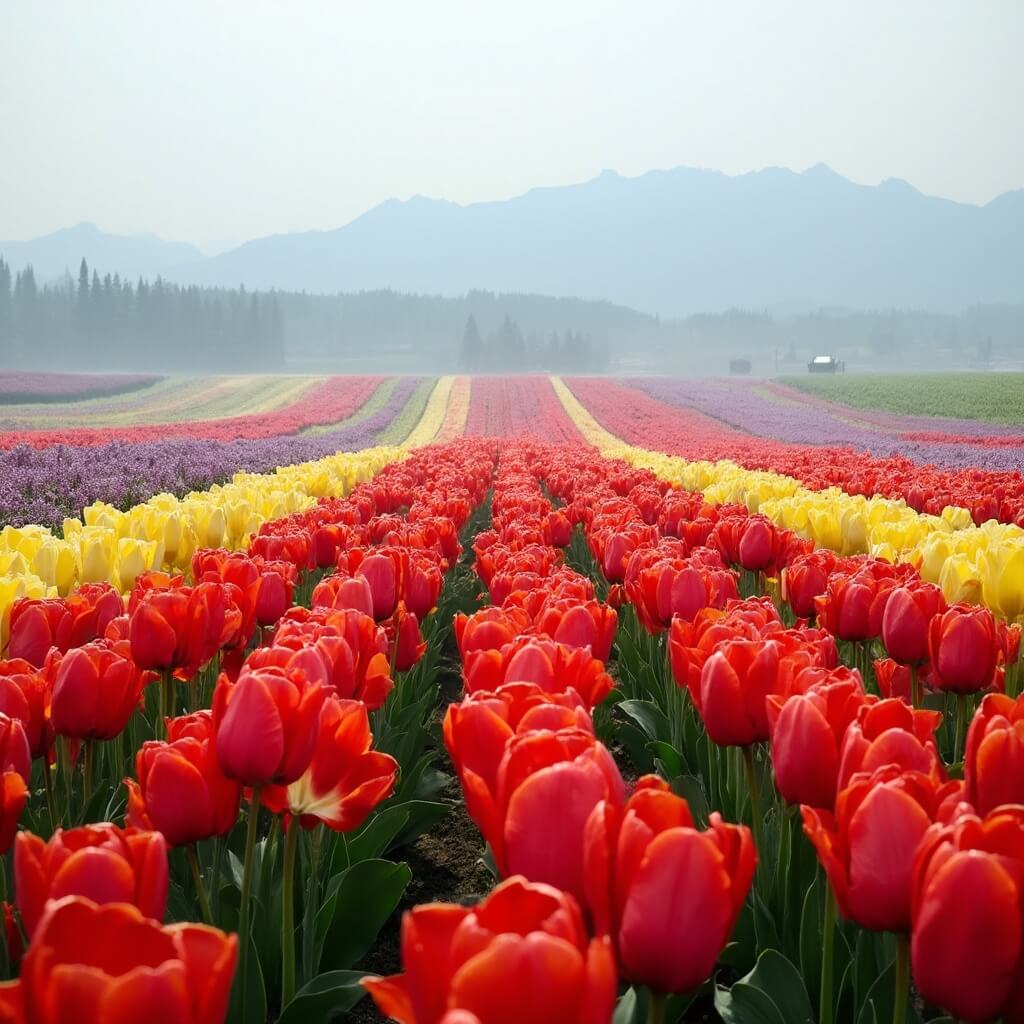 Vast Skagit Valley Tulip Festival with fields of vibrant red, yellow, and purple tulips under overcast light, nearby mist, and distant mountains