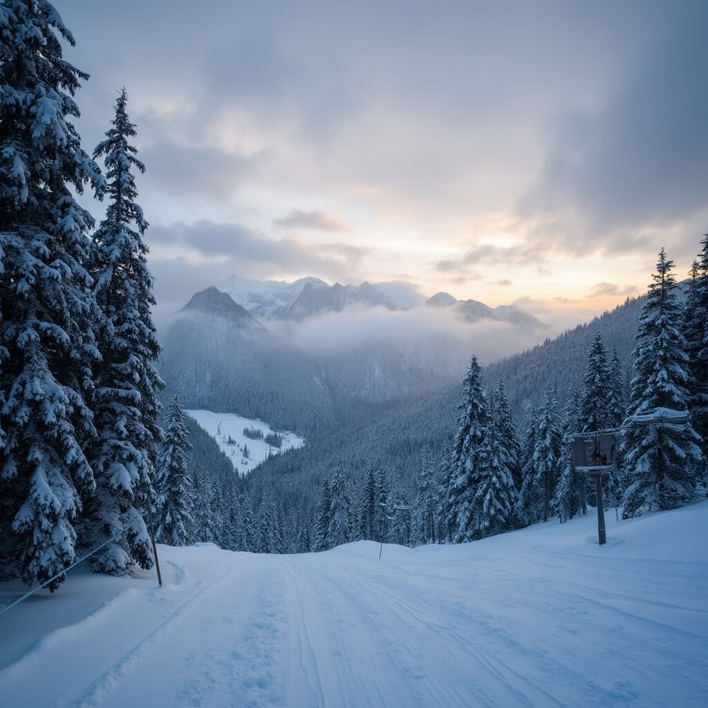 Misty dusk at Snoqualmie Pass Ski Resort with fresh snow on slopes, tall snowy evergreen trees, dramatic mountain peaks and golden hour light filtering through breaking clouds