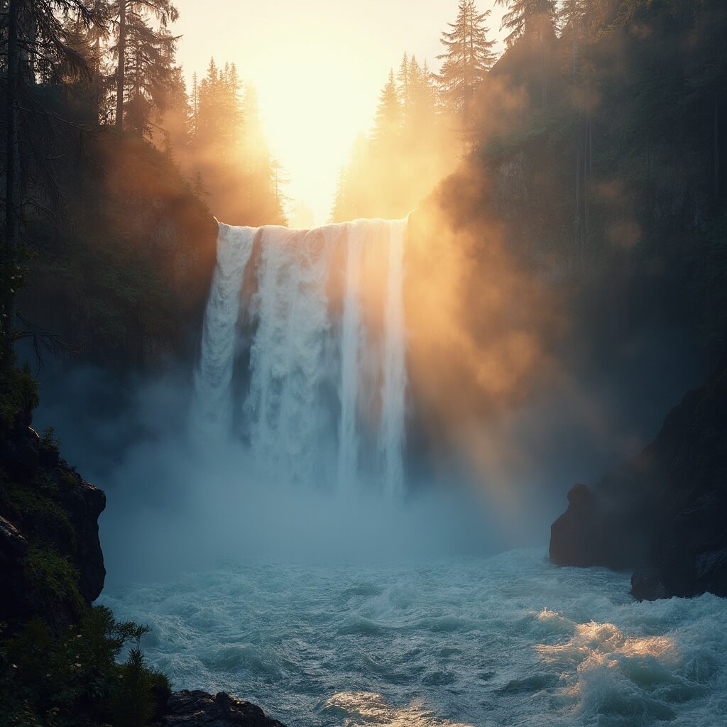 Dramatic sunrise at Snoqualmie Falls during spring snowmelt with powerful rushing waters creating mist, rainbow effects on waterfall spray, and fresh evergreens in a moody Pacific Northwest scene, long exposure effect.