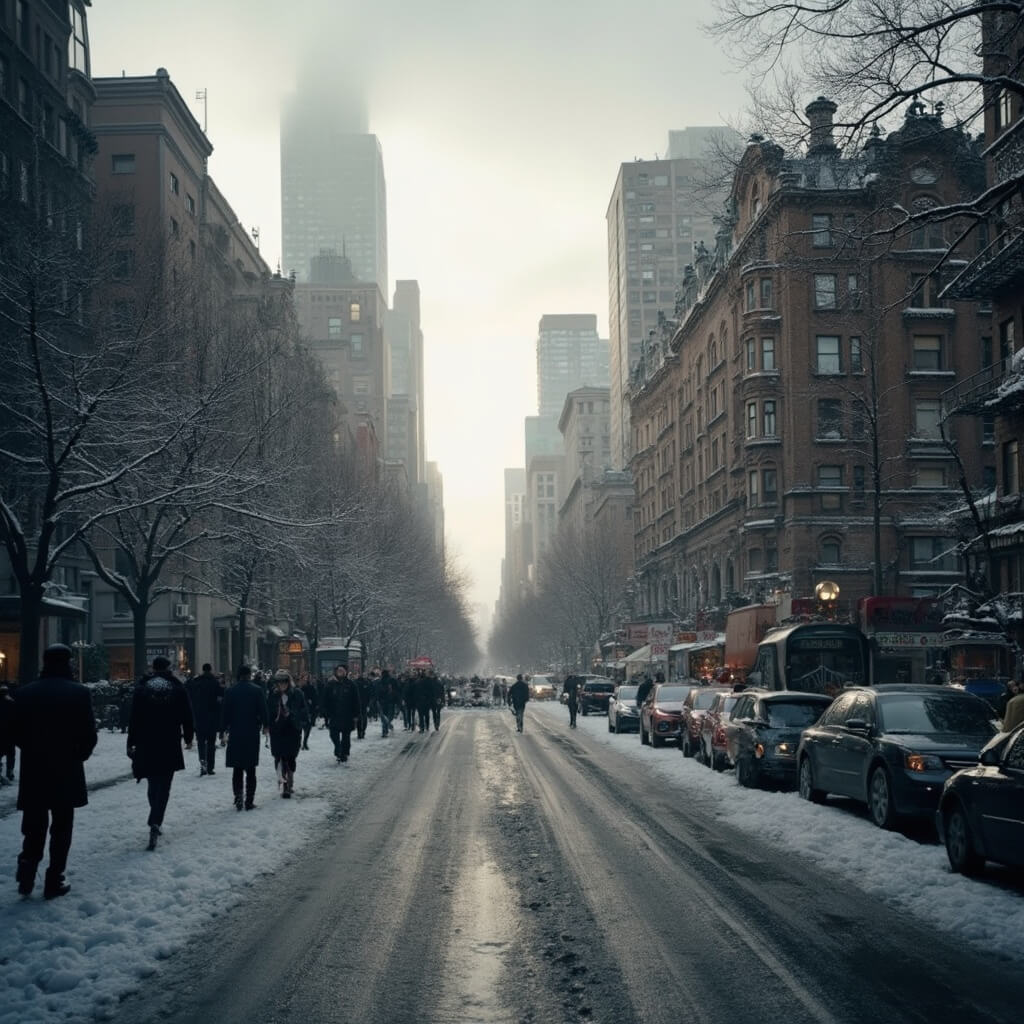 Dramatic cityscape of New York City in early March with cold grey sky, melting snow patches, bustling Fifth Avenue, brownstone buildings and soft morning light