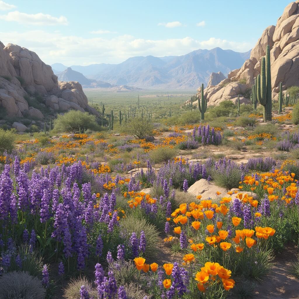 Sonoran Desert landscape during spring, adorned with blossoming purple lupines and golden poppies, softly lit by morning light, with distant mountain silhouettes and scattered cacti on rocky terrain