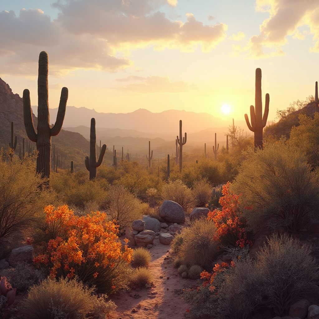 Vibrant wildflowers and saguaro cacti silhouetted amidst the golden sunrise in the rocky Sonoran Desert with distant mountain ranges