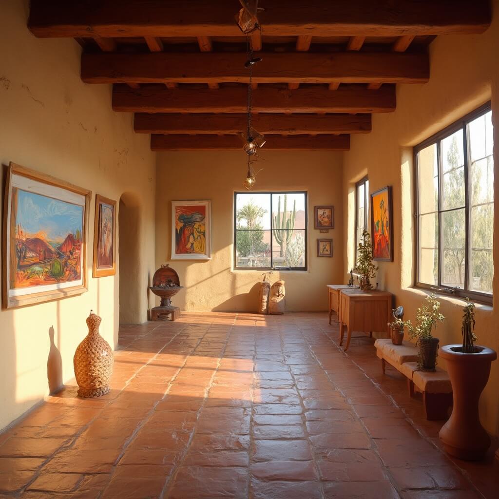 Las Vegas in May: Your Ultimate Guide to Desert Thrills and Scorching Entertainment Southwest art gallery with adobe-style walls featuring local artwork, wooden beam ceilings, terra cotta floors and warm natural light streaming through large windows.