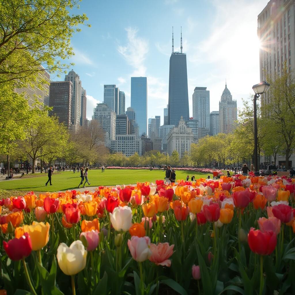 Vibrant Chicago cityscape with Millennium Park illuminated by soft afternoon sun, blooming tulips and leafing trees, urban skyline in the background, people enjoying the outdoors against a clear blue sky with wispy clouds.