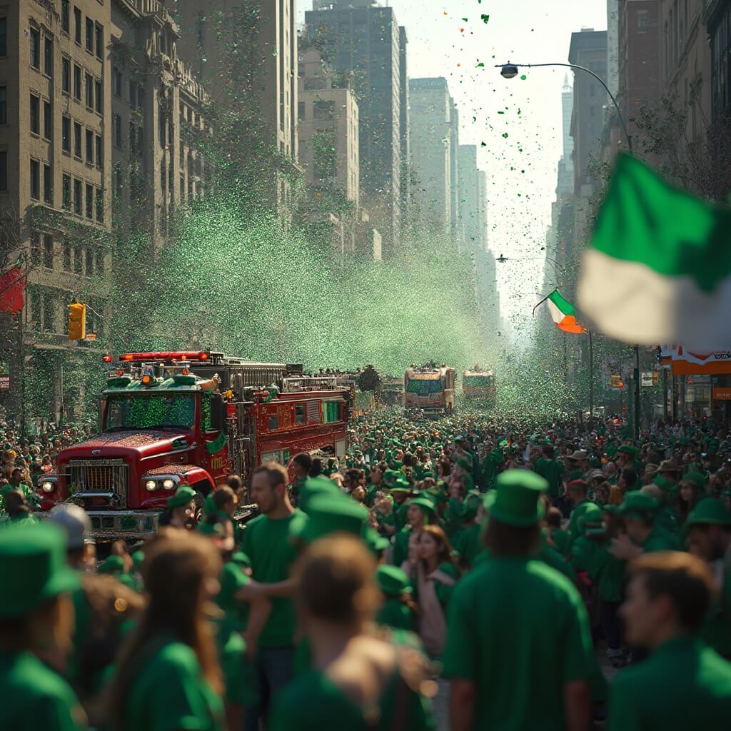 Crowd wearing green at vibrant St. Patrick's Day parade on Fifth Avenue, New York with vintage fire trucks, flying confetti, waving Irish flags and people dancing amidst festive urban setting