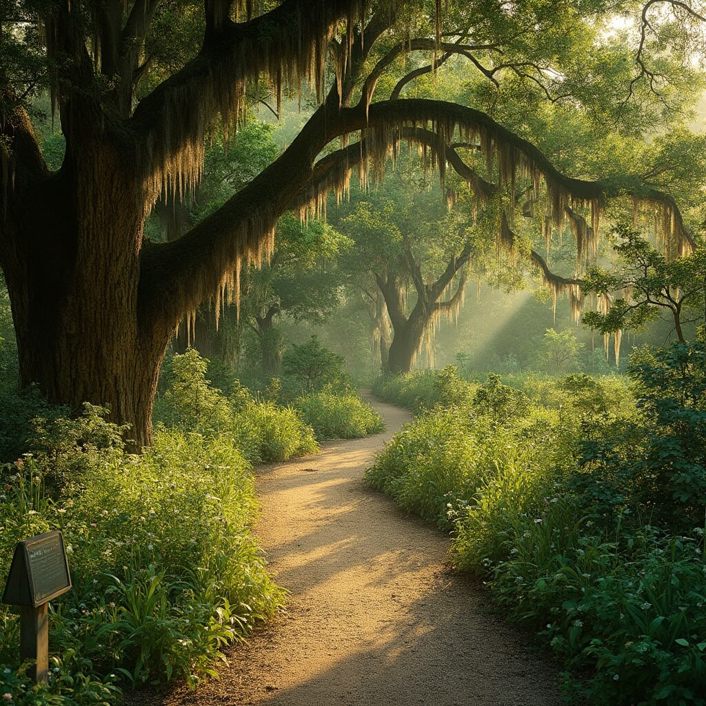 A winding pathway in a verdant Texas arboretum during golden hour, framed by live oaks with Spanish moss and dotted with native wildflowers, with sunlight highlighting the green foliage.