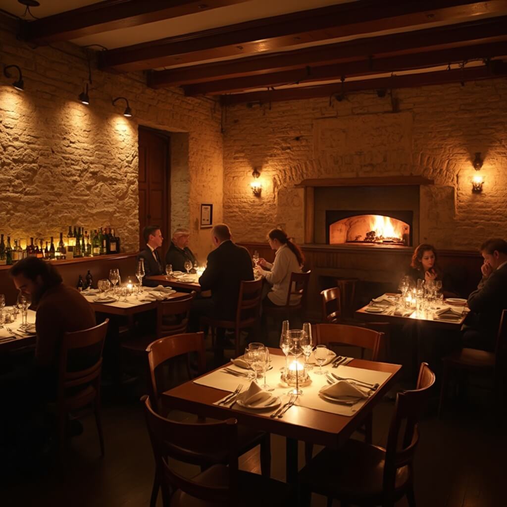 Interior of a warm and cozy Italian restaurant in Tribeca with amber lighting, exposed brick walls, rustic wooden tables with flickering candles, vintage wine bottles, a glowing wood-fired pizza oven and sophisticated diners enjoying their meals in a romantic setting.