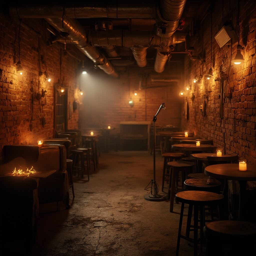 Cozy and intimate brick-walled underground comedy club, featuring vintage furniture, small candle-lit tables, a wooden stage with a microphone, exposed pipes, and warm amber pendant lights.