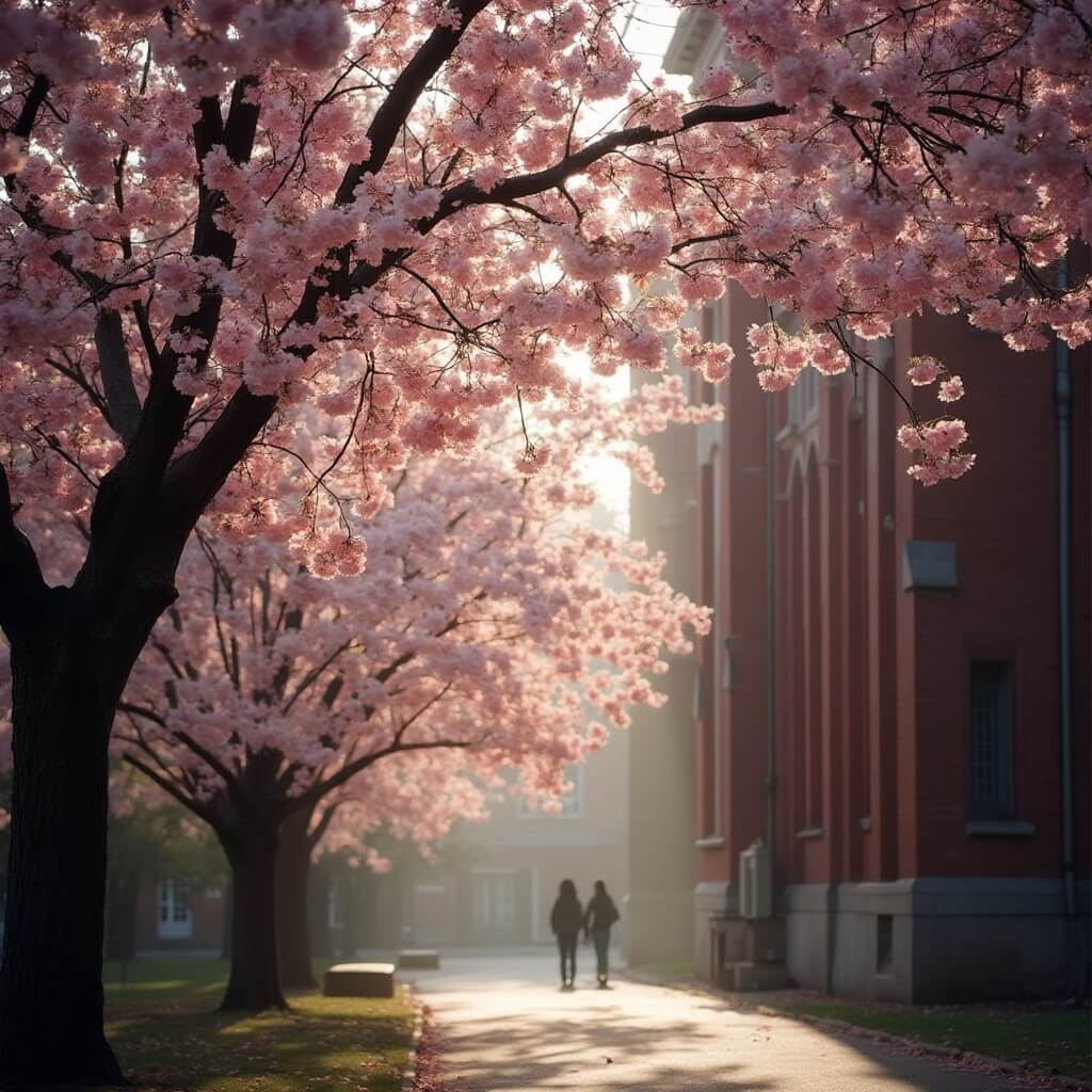 Springtime at University of Washington Quad with cherry blossoms in full bloom, morning light filtering through petals on Gothic architecture