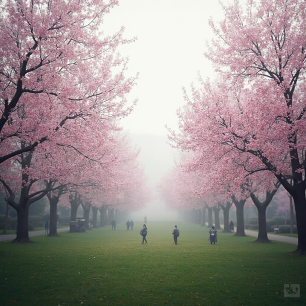 Students strolling in University of Washington Quad with blooming cherry blossoms against a grey Seattle sky in early spring