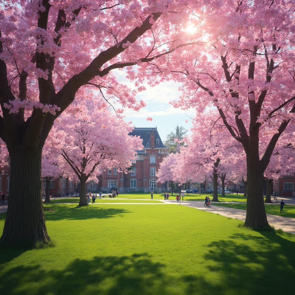Cherry blossom season at University of Washington Quad with people strolling, historic buildings, and sunlight through branches