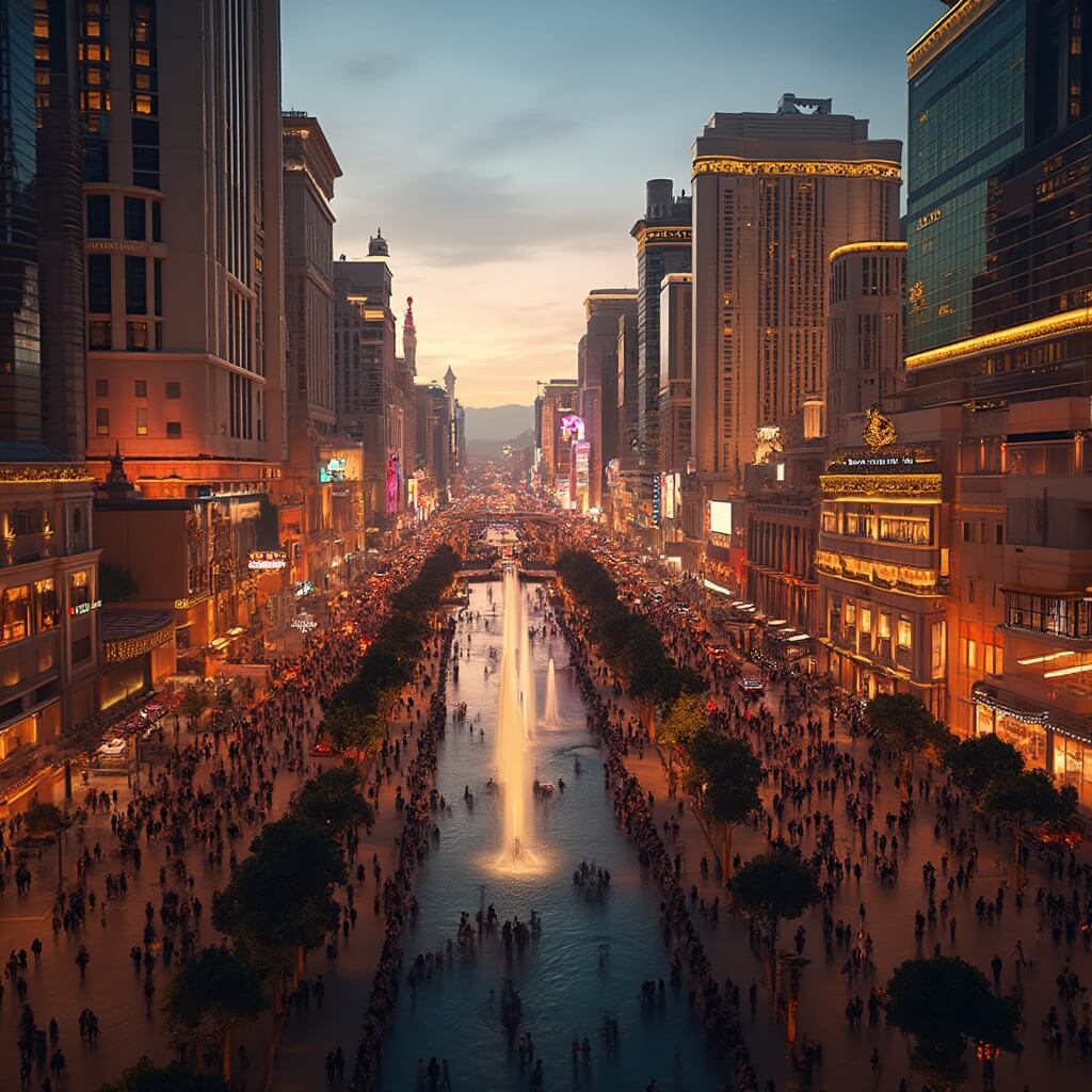 Aerial view of Las Vegas Strip at dusk, showcasing illuminated hotels, crowded sidewalks, Bellagio fountains, and neon lights in cinematic lighting