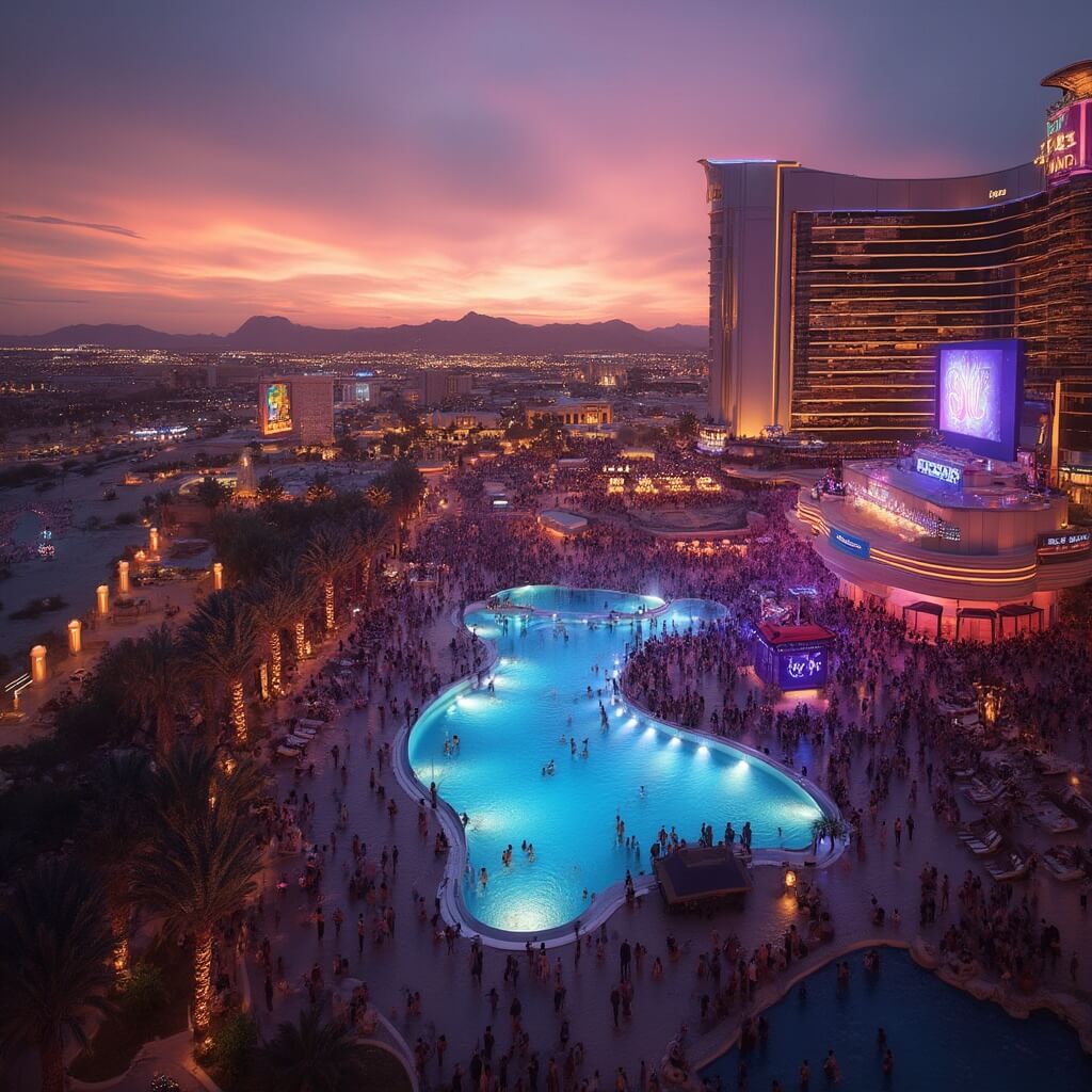 Vibrant crowd enjoying a pool party at a luxurious Las Vegas resort, DJ setup and neon lights starting to glow amidst palm trees, warm orange and purple twilight sky in the backdrop, showcasing modern architectural elements.