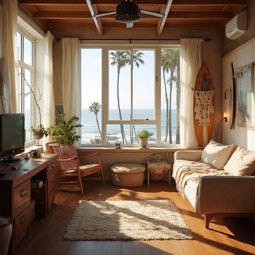 Bohemian-style boutique hotel room in Venice Beach with vintage surfboards wall art, macramé hangings, wooden floors, eclectic furniture, and large windows allowing morning light in and offering an ocean view with palm trees