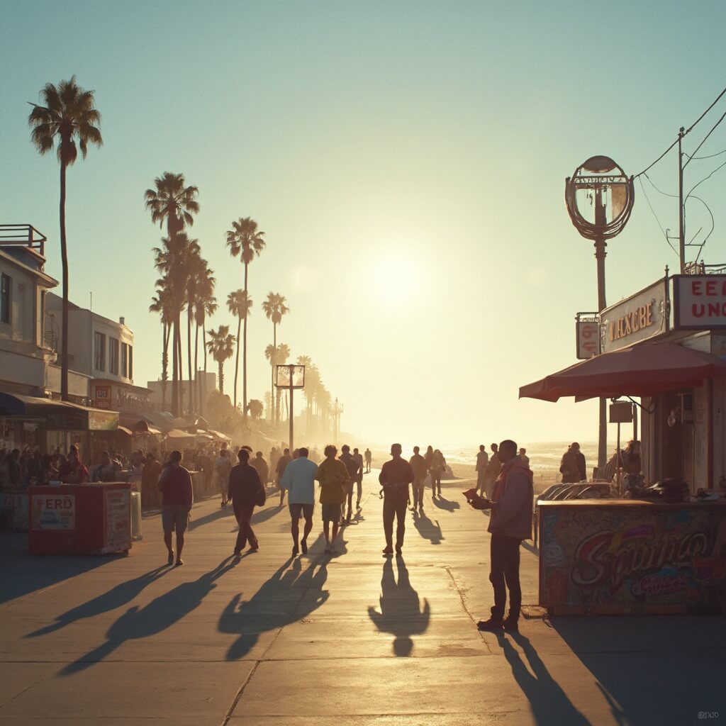 Early morning at Venice Beach Boardwalk with street performers setting up, palm trees, people walking with coffee, clear blue sky, vintage aesthetic and gentle ocean waves, California.