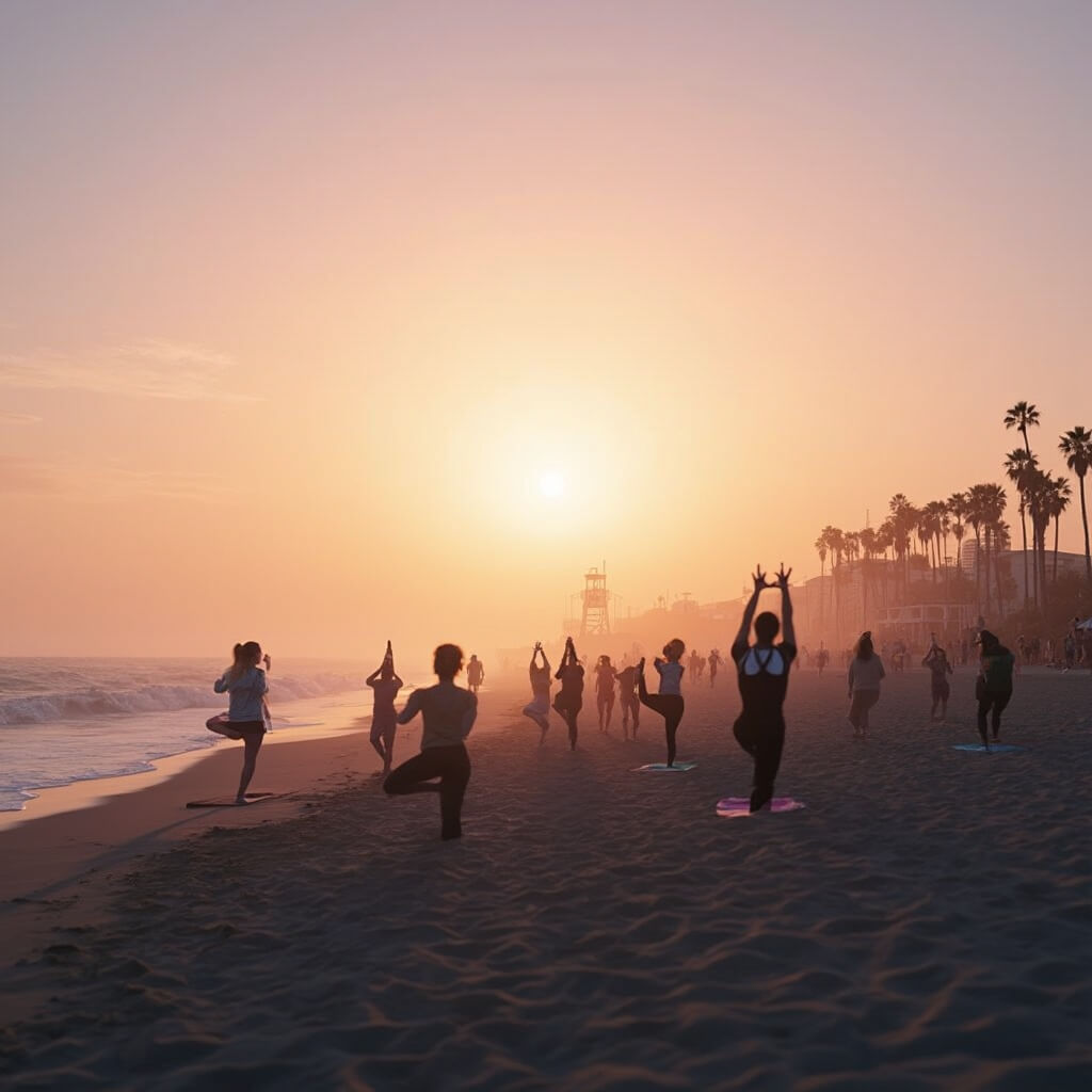 Silhouettes of people doing yoga at sunrise on Venice Beach, under a pastel-coloured sky, with waves rolling onto shore, palm trees lining the boardwalk and lifeguard towers in the distance