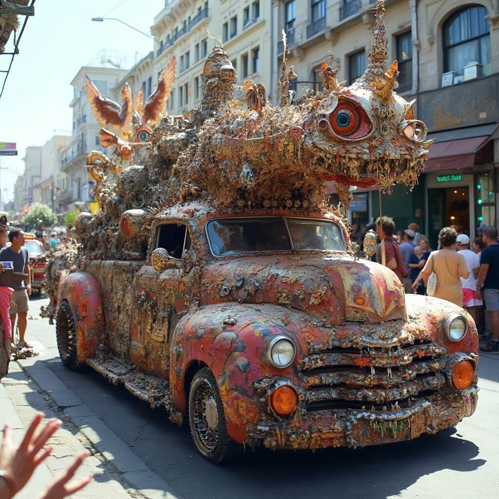 Art car parade scene with a vividly decorated surreal vehicle covered with a mosaic of intricate designs, surrounded by fascinated spectators under bright sunlight, illustrating an automobile's artistic transformation into a moving sculpture at a vibrant street festival.