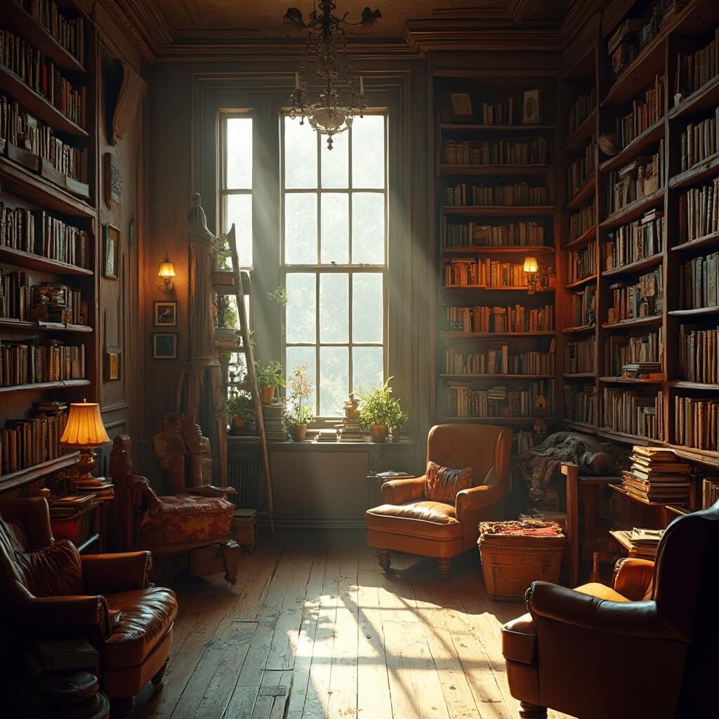 Vintage Chicago bookstore interior in Andersonville with wooden bookshelves, ambient lighting, reading nooks, antique armchairs, and rolling library ladders