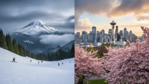 "Dramatic landscape of Washington state featuring snow-capped Mount Rainier with skiers on one side, blooming cherry blossoms and the Space Needle in Seattle on the other side, under a sky of moody clouds and patches of blue, bathed in golden afternoon sunlight."