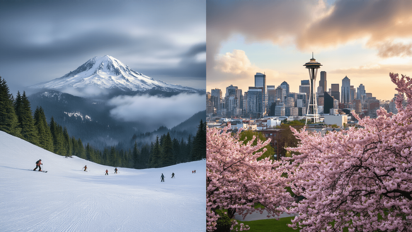 "Dramatic landscape of Washington state featuring snow-capped Mount Rainier with skiers on one side, blooming cherry blossoms and the Space Needle in Seattle on the other side, under a sky of moody clouds and patches of blue, bathed in golden afternoon sunlight."