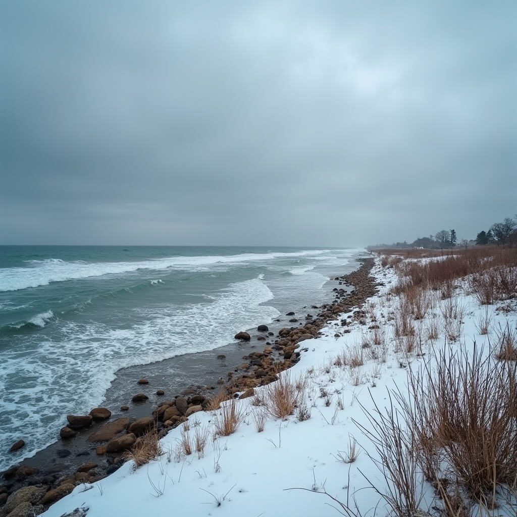 Dramatic wide-angle shot of Lake Michigan shoreline in March, featuring gray cloudy sky, melting snow on rocky beach, cold waves crashing against shoreline, and remnants of ice with emerging spring vegetation