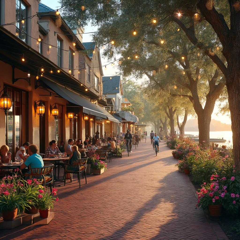 Outdoor dining scene at Winter Park with people at restaurant tables, cyclists on the trail, kayakers on the lake at sunset, and blooming spring flowers along a brick-paved street lined with string lights.