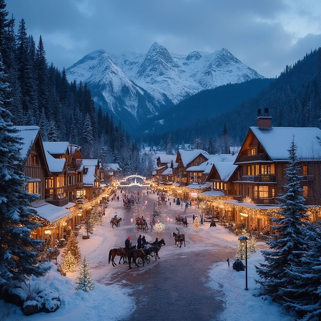 ๐๏ธ The Bavarian Village That Transformed a Dying Town: Leavenworth's Incredible Story Twilight winter scene in a mountain town square with German-style buildings, horse-drawn carriages, twinkling white lights decor, and Cascade Mountains in the background