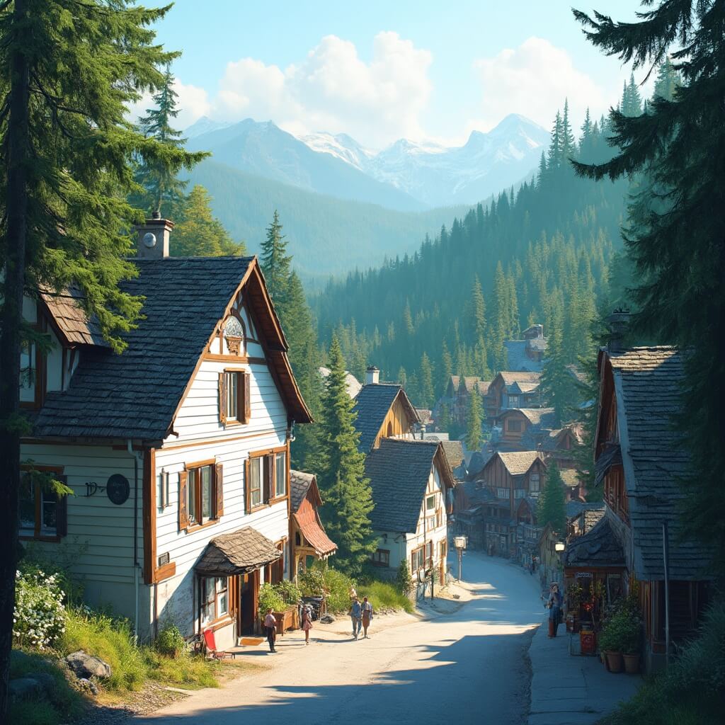 Quaint mountain town with white wooden buildings and colorful trim nestled in a lush pine forest during early morning, with sunlight filtering through trees and a local cafe on a serene street, distant mountain peaks in the background, no people visible.