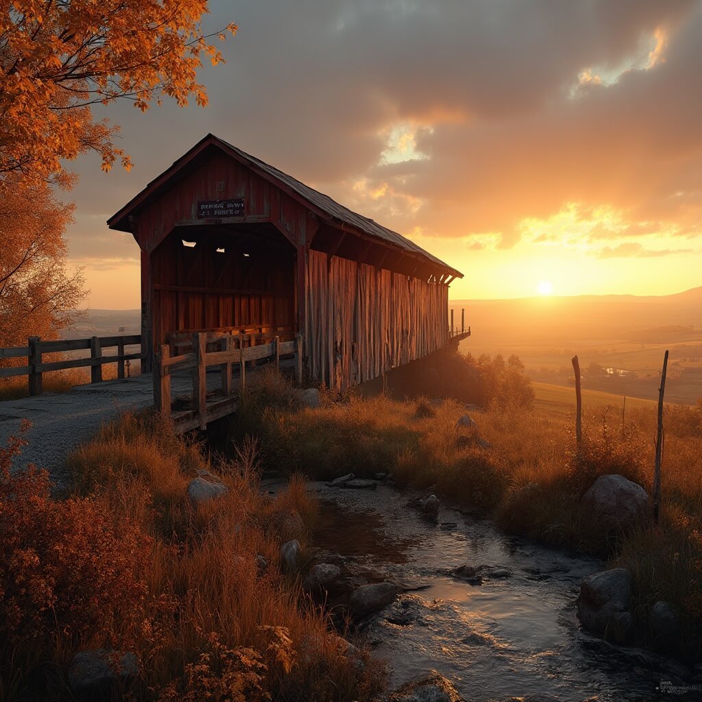 Winterset, Iowa: Where Hollywood Dreams Meet Small-Town Charm Panoramic view of a rustic wooden bridge in rural Iowa during golden hour, surrounded by autumn foliage and overlooking farmland