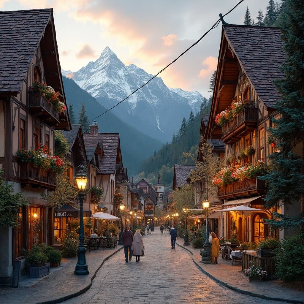 ๐๏ธ The Bavarian Village That Transformed a Dying Town: Leavenworth's Incredible Story Bavarian-style alpine village in the Cascade Mountains at golden hour with traditional German architecture, snow-capped peaks, vibrant flower boxes, ornate lampposts, and timber-framed buildings