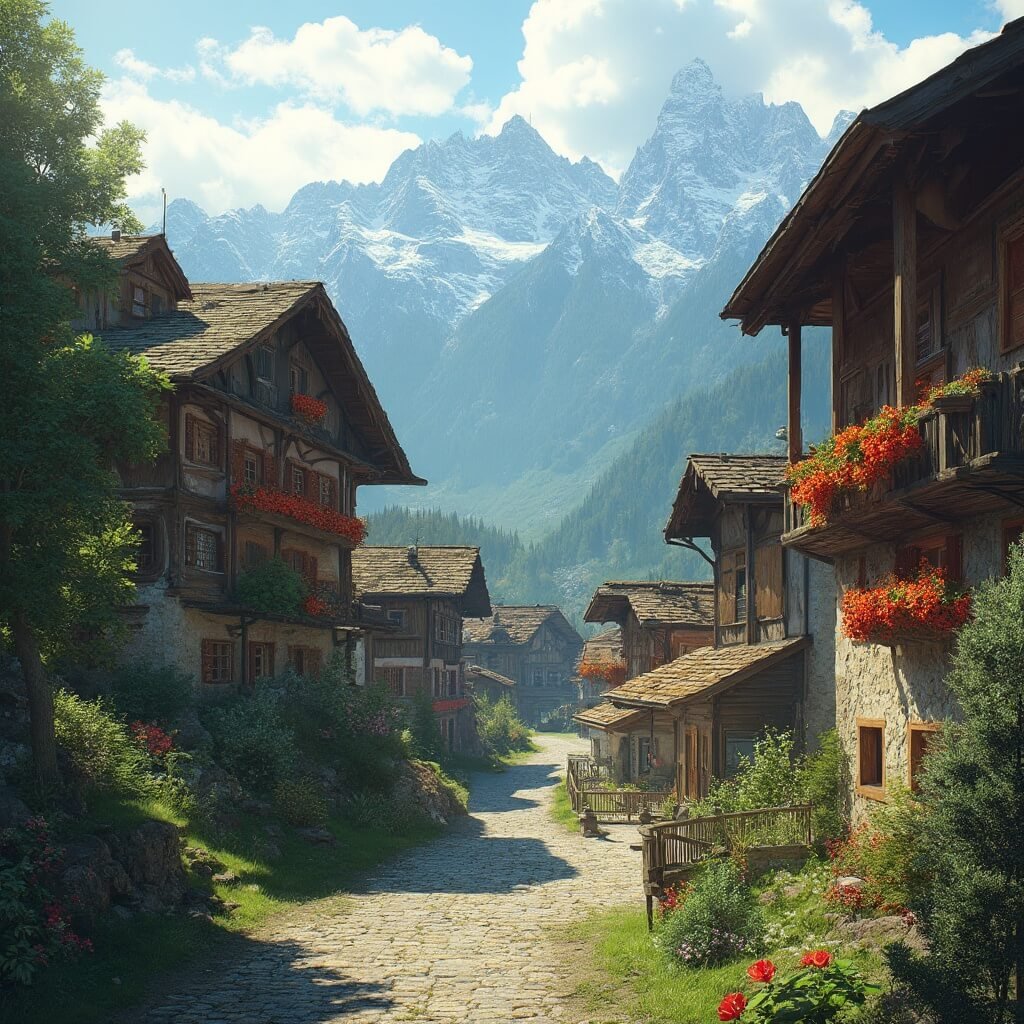 ๐๏ธ The Bavarian Village That Transformed a Dying Town: Leavenworth's Incredible Story Bavarian-style mountain village in the Cascade Mountains with green valley, half-timbered buildings, red geranium window boxes, snow-tipped mountains, and afternoon sunlight.