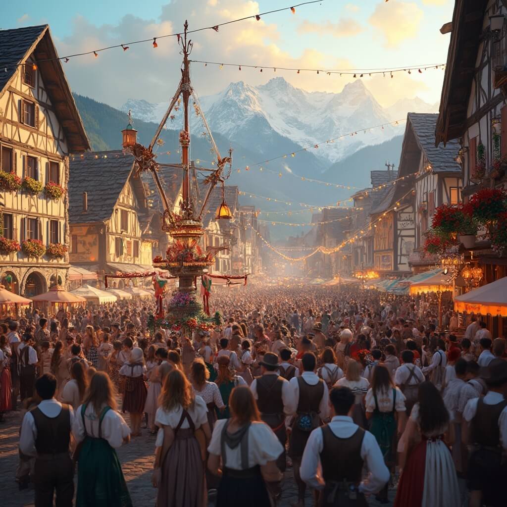 ๐๏ธ The Bavarian Village That Transformed a Dying Town: Leavenworth's Incredible Story Bavarian folk festival in mountain town with locals in traditional attire, ornate Maypole in the town square, decorated buildings with murals, string lights overhead, during golden hour