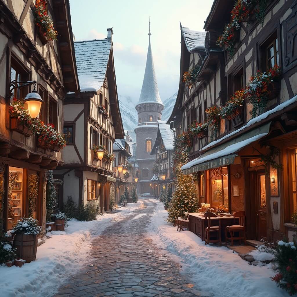 12 Storybook Small Towns in the U.S.: Where Fairytales Meet Reality Bavarian-style street in daytime with traditional German timber-frame architecture, snow-dusted cobblestone streets, shops decorated with lanterns and garlands, gingerbread trim work and painted murals on buildings.