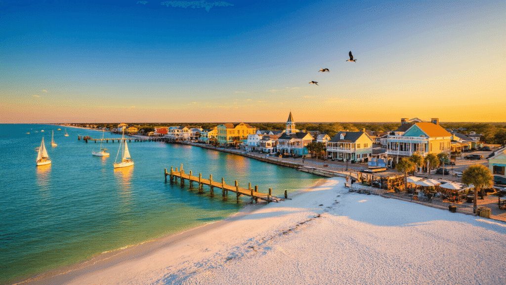 Bay St. Louis: Mississippi's Coastal Paradise You Never Knew Existed "Golden hour view of Bay St. Louis waterfront featuring charming coastal town, sandy beach, wooden pier, sailboats, and palm trees with historic buildings and Buccaneer State Park coastline in the distance"