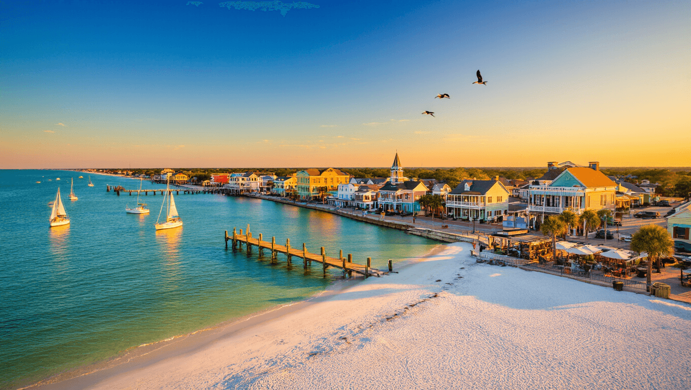 "Golden hour view of Bay St. Louis waterfront featuring charming coastal town, sandy beach, wooden pier, sailboats, and palm trees with historic buildings and Buccaneer State Park coastline in the distance"