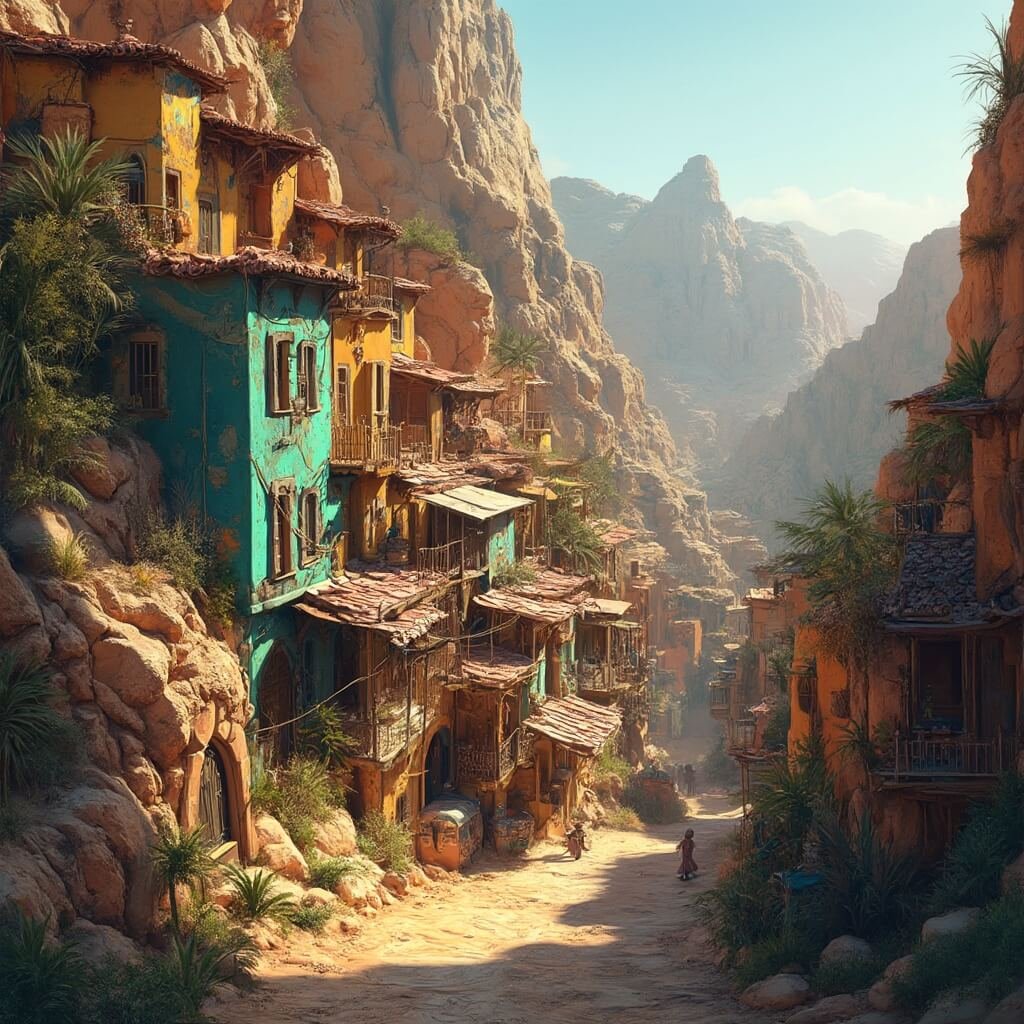 12 Storybook Small Towns in the U.S.: Where Fairytales Meet Reality Photorealistic image of an Arizona mountainside town featuring Victorian-era buildings on rocky terrain, colorful street murals, narrow streets, and shadows cast by golden afternoon sunlight highlighting architectural uniqueness and bohemian atmosphere
